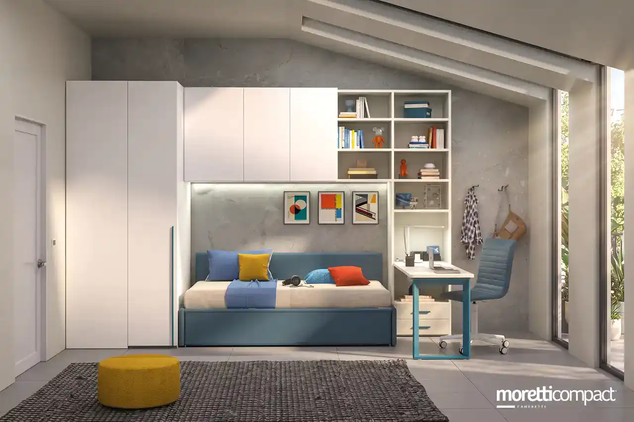 Modulo cabina armadio, ponte con libreria, scrivania a sbalzo e divano letto imbottito.