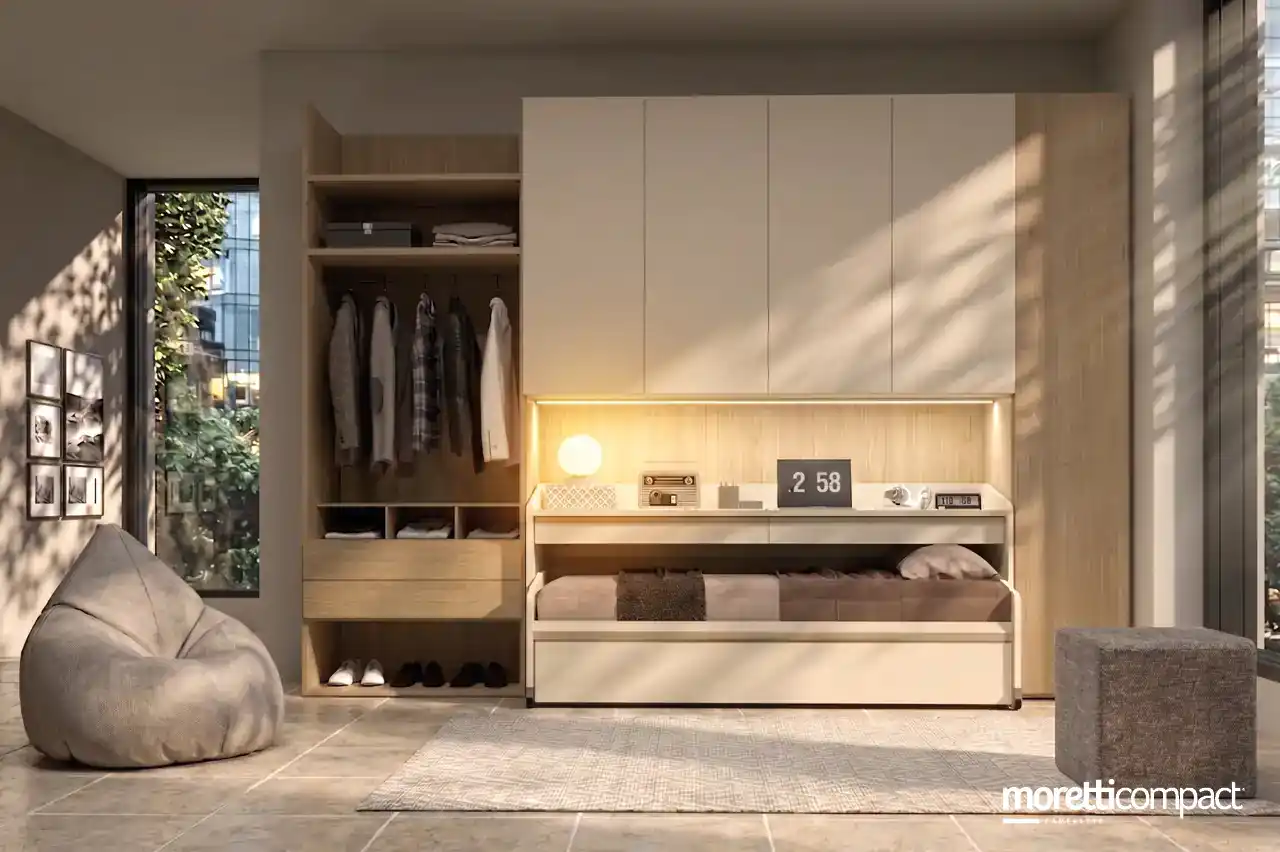 Ponte con cabina armadio e letto Space, completata dalla scrivania Space Desk.
