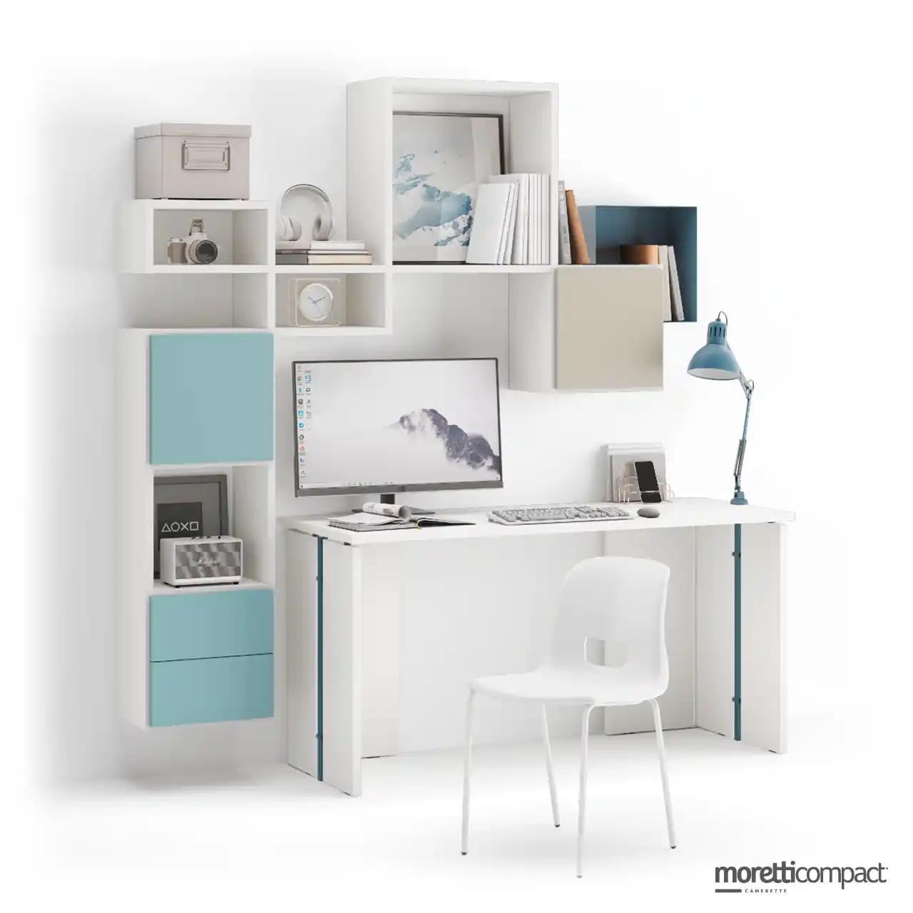 Scrivania con supporti Insert e Outline sospesa con L-box
