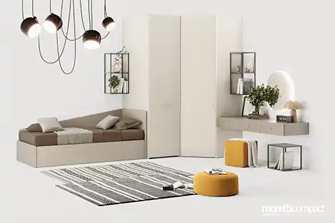 Cameretta con divano letto, armadio estraibile, cabina armadio e angolo beauty