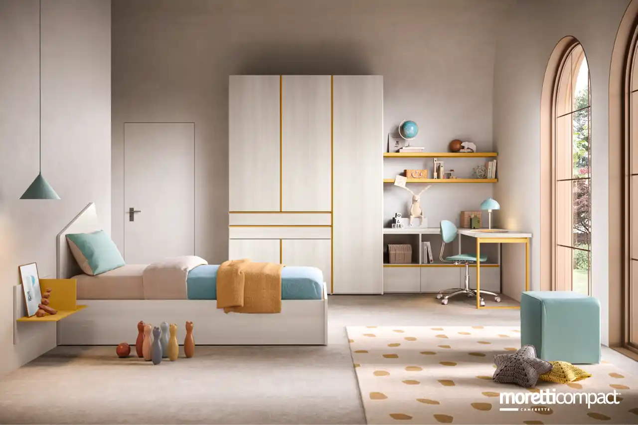 Cameretta con armadio battente angolo scrivania e letto legno