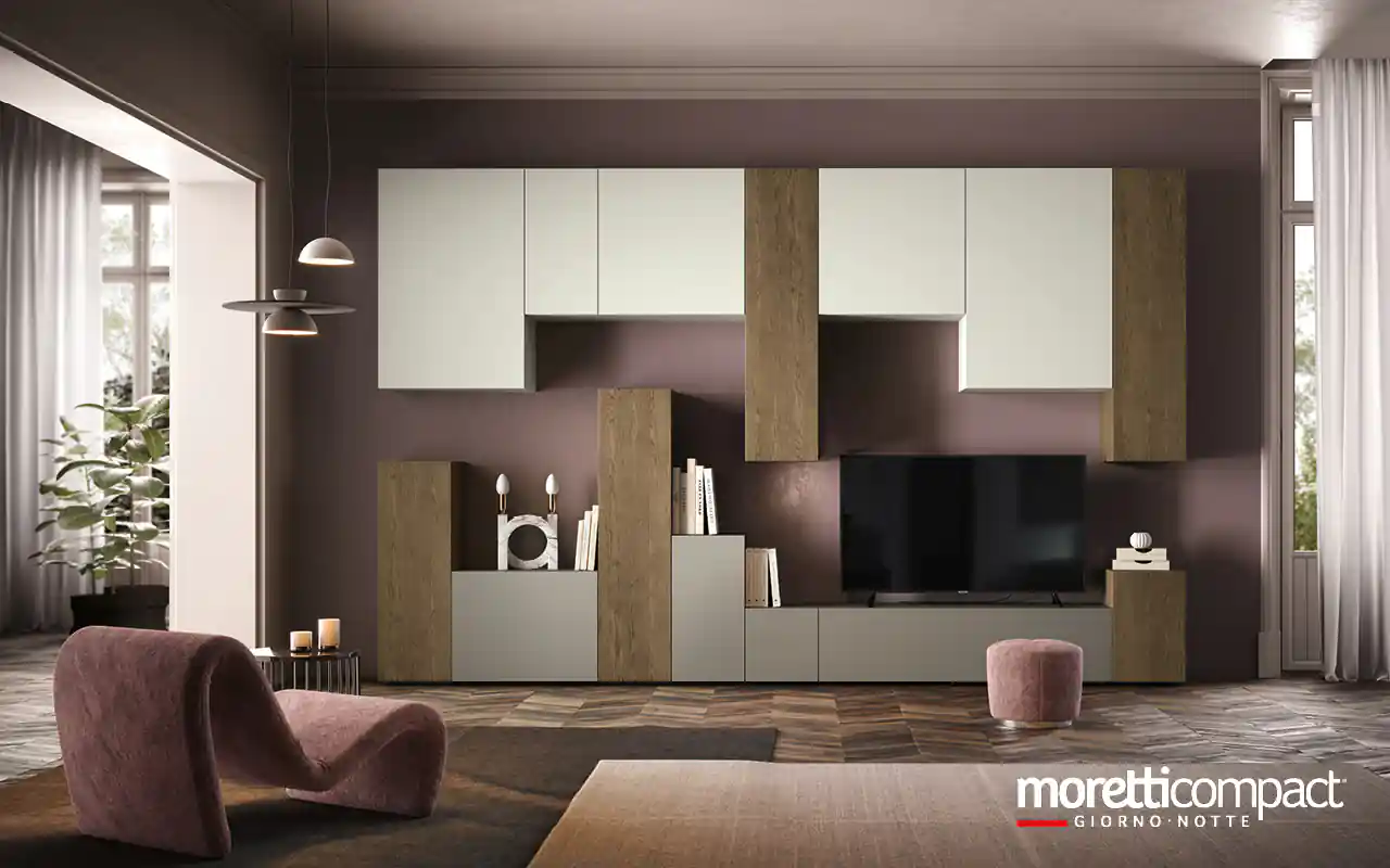 Living geometrico in essenza legno e pietra