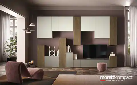 Living geometrico in essenza legno e pietra