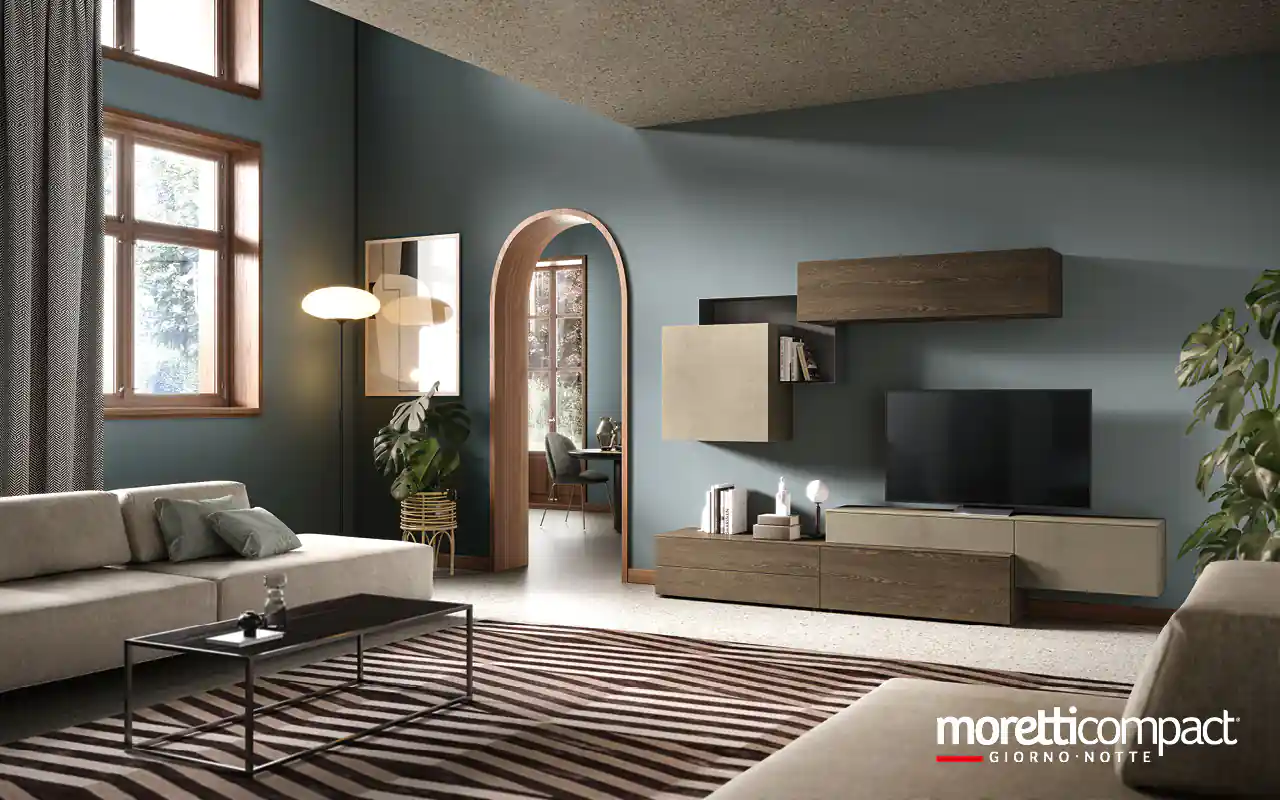 Living geometrico in essenza legno e argilla