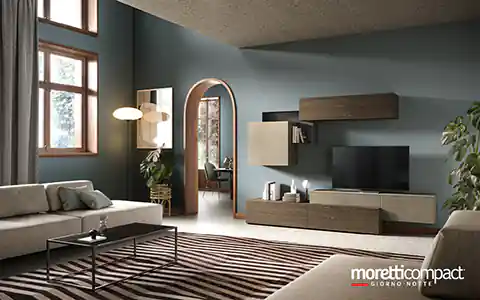 Living geometrico in essenza legno e argilla