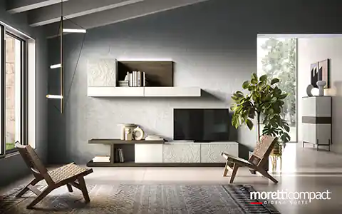 Living con elementi in essenza legno e biomalta
