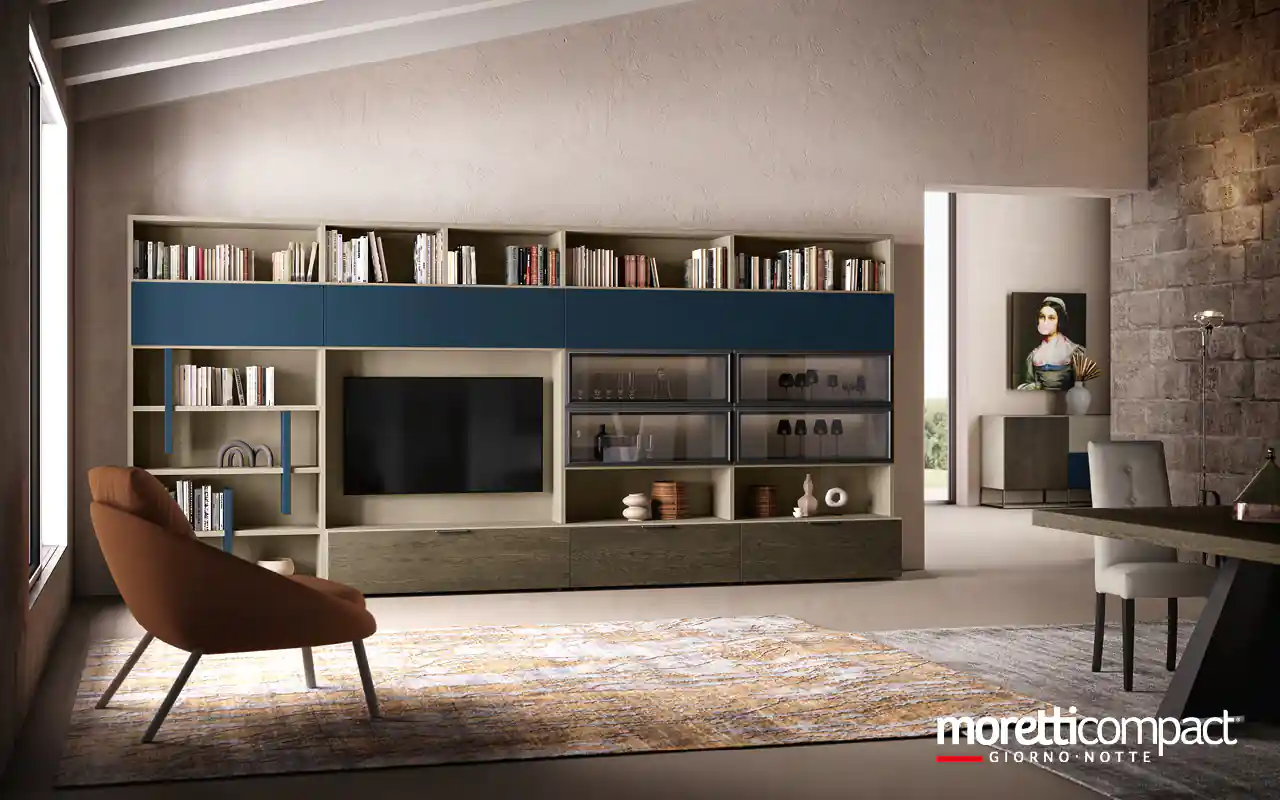 Libreria boiserie con dettagli blu