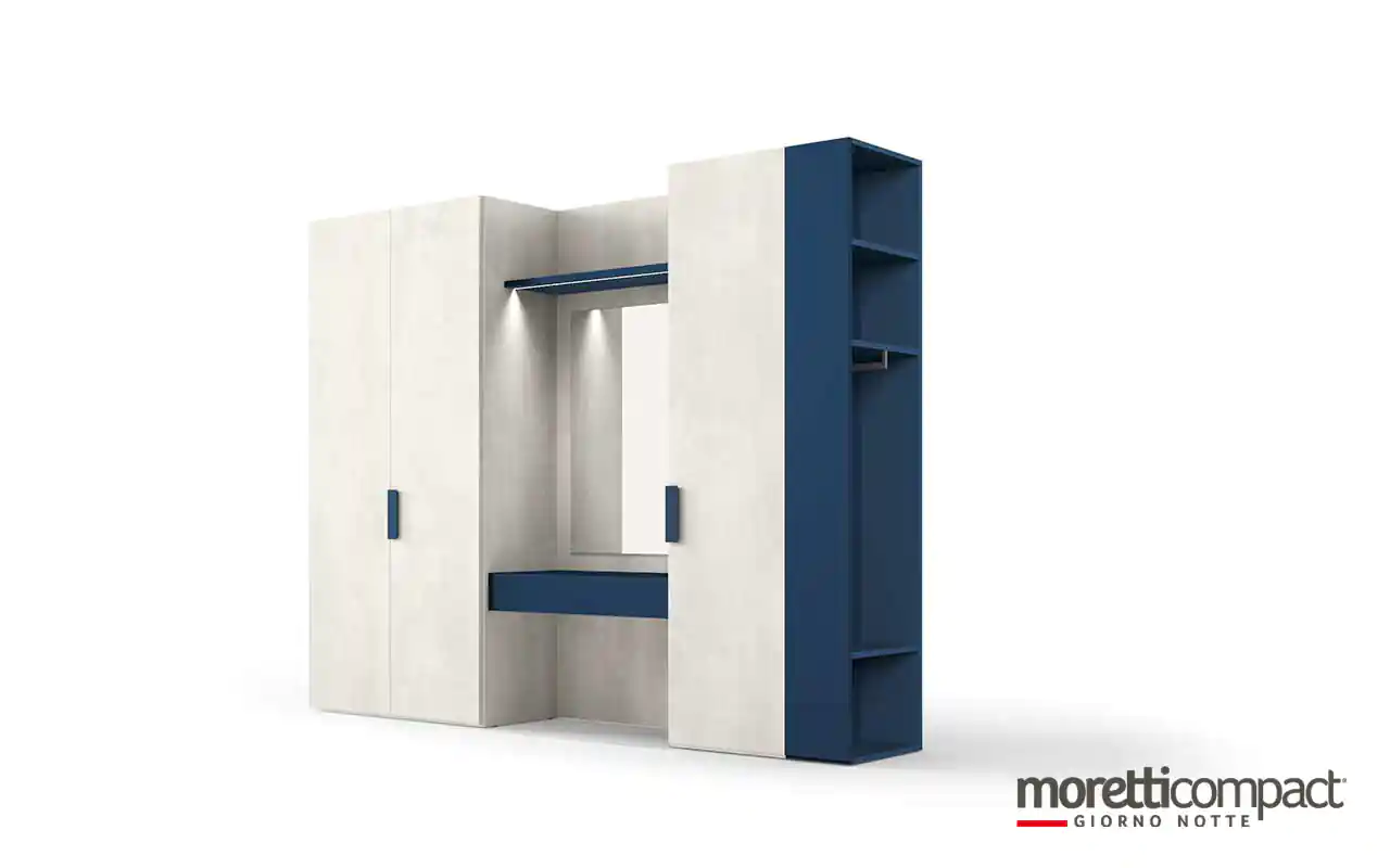Armadio battente e modulo utility con mensola e cassetto