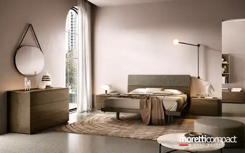 Camera con gruppo Argo e letto con testata in finitura malta